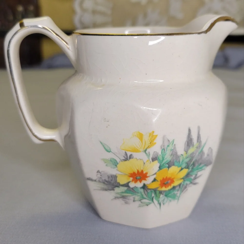 Vtg Creamer Price Bro's Pottery Earthenware Gold Trim Yellow Flowers.